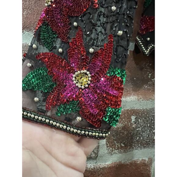 Vintage Laurence Kazar Black Beaded Silk Top Poinsettia Flowers Size Large - Picture 5 of 9
